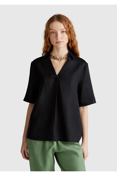 United Colors of Benetton Bluză cu mânecă scurtă, neagră, 100% in, pentru femei, cu guler în V