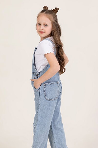 DMB BOYS & GIRLS 4-14 Years Old Girl Star Detailed Cotton Denim Slopet Strap Denim Jumpsuit