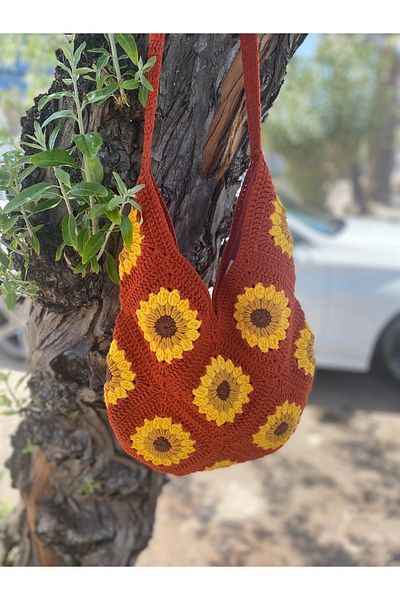Satürn Hobi Knitted Sunflower Motif Tile Lined Handbag