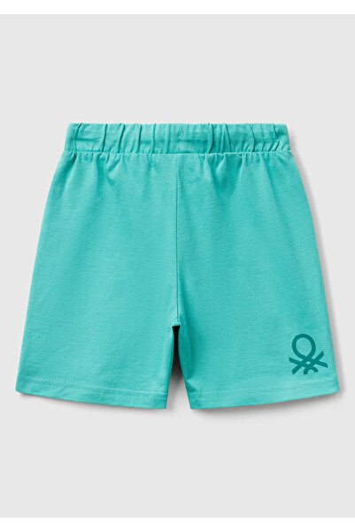 United Colors of Benetton Erkek Çocuk Mint Yeşili Benetton Logolu Bermuda Penye Şort