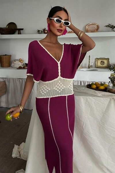 modaserdem Lace Patterned V-Neck Knitwear Dress 2844