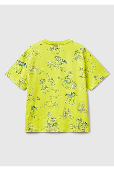 United Colors of Benetton Boy's Yellow Patterned T-Shirt with Front Pocket and Logo Tag Detail