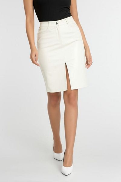 CEDY DENIM Fusta din piele artificială albă de lungime midi, model slimfit elegant C624-alb