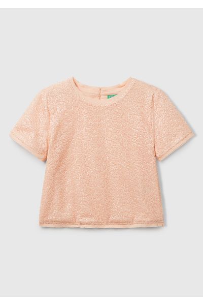 United Colors of Benetton Girl's Crochet Sequined Tulle Lined Back Single Button Short Sleeve Blouse