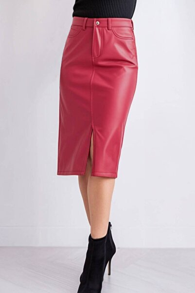 CEDY DENIM Midi Boy Kırmızı Suni Deri Etek, Şık Slimfit Model C624-Kırmızı