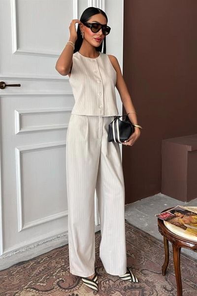 modaserdem Vest Plazzo Pants Striped Flared Polyviscon Suit 10178