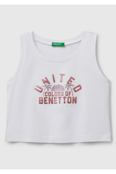 United Colors of Benetton Girl's White Glitter Benetton Logo Printed Tank Top