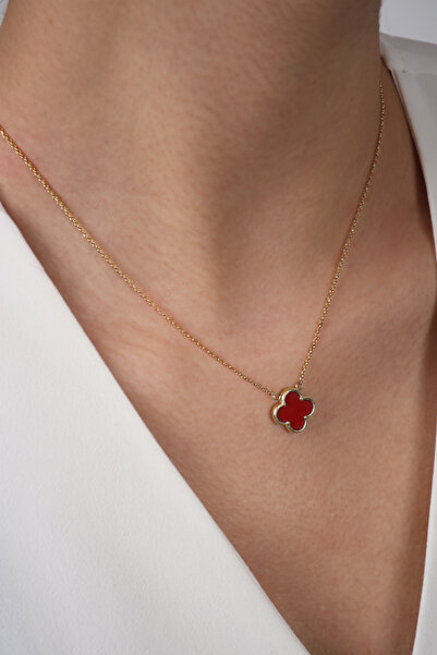 DİAMİNE PIRLANTA 14 Ayar Altın Kırmızı Sedefli Yonca Kolye