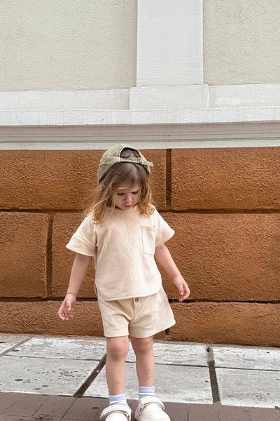 Minipodyum Oversize Pocket T-Shirt Shorts Unisex Waffle Kids Summer Double Set