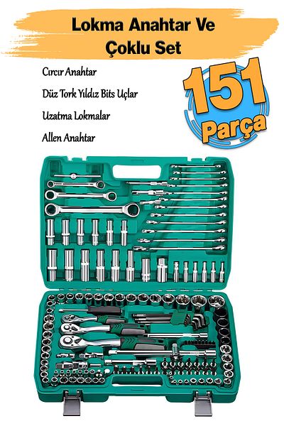 Badem10 Socket Wrench Kit 151 Pieces Extension Handle Articulated 1/2 3/8 1/4 Star Torque Flat Set Bits End Allen