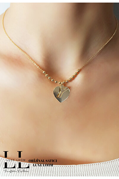 Luxe Loom Zarafetin Işıltısı Kadın Gold Zirkon Taşlı Kalp Üstüne Y Harfli Çif...