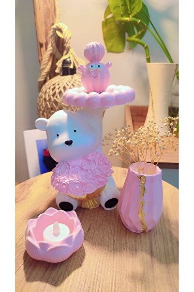 shamatolyesi Ayıcık ve şamdandan oluşan 4 parçalı vazo dekor seti