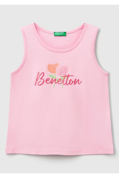 United Colors of Benetton Girl's Pink Glitter Benetton Logo Printed Tank Top