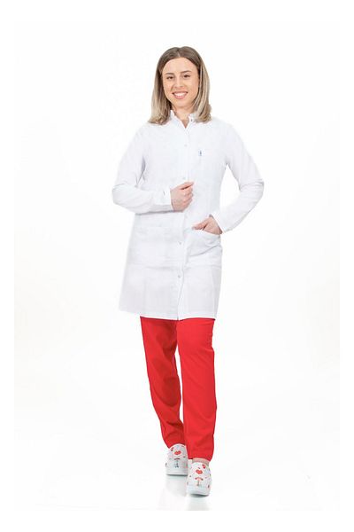 DEMOTEKS Women's White Long Medical Lab Coat Uniform - With Three Pockets, Long Sleeves, Tunic Collar