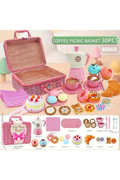 Choice Pink The little girl pretends to play with a picnic basket, tea party set, tea set including coffee