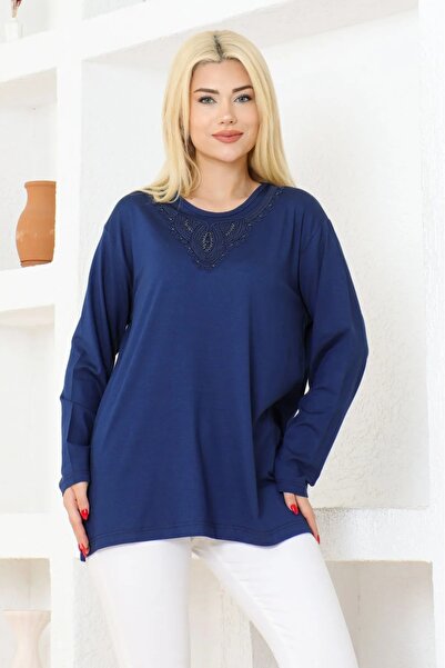 nacar çarşı Women's Navy Blue Combed Cotton Plus Size Blouse