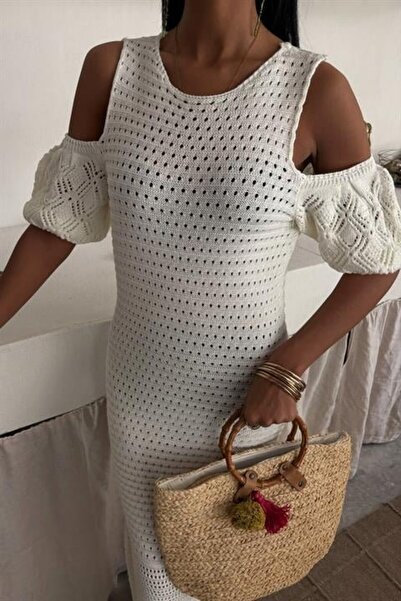 Lijuri Shoulder Detailed Hem Tasseled Knitwear Dress 2862