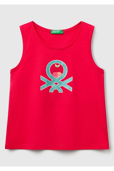 United Colors of Benetton Girl's Fuchsia Glitter Benetton Logo Printed Tank Top