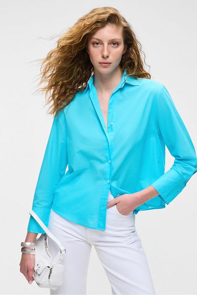GRIMELANGE Varazdin Women Oversize Long Sleeve 100% Cotton Shirt Collar Long Slim Blue Shirt