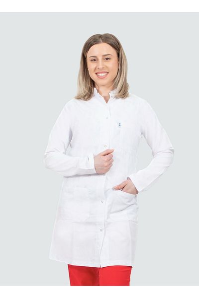 DEMOTEKS Women's White Long Medical Lab Coat Uniform - With Three Pockets, Long Sleeves, Tunic Collar