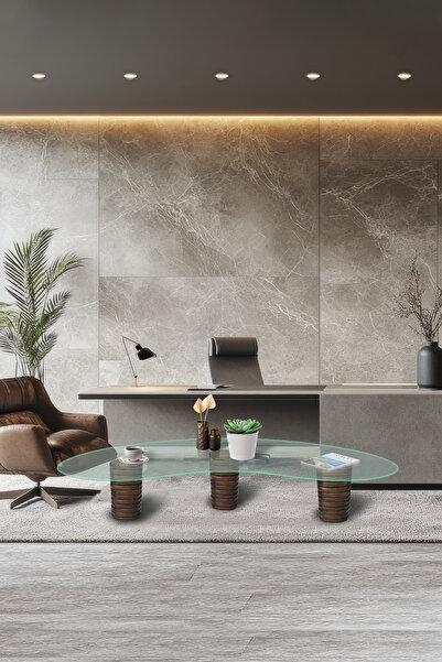 Decorita Cam Orta Sehpa | 3 Ayaklı Cam Sehpa | Saydam Cam | Ahşap Ayaklı | 75...