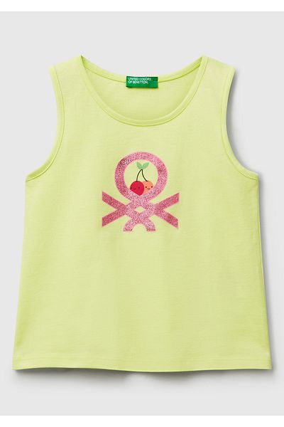 United Colors of Benetton Girl's Yellow Glitter Benetton Logo Printed Undershirt