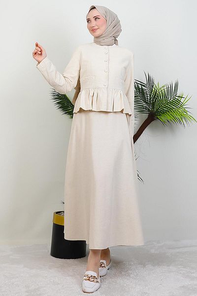 GİYZAMİLA Ruffled Waist Suit Beige