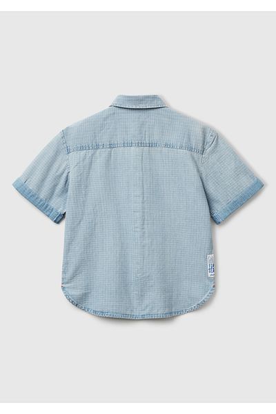 United Colors of Benetton Boy's Light Denim Label Detailed Short Sleeve Denim Shirt with Front Pocket