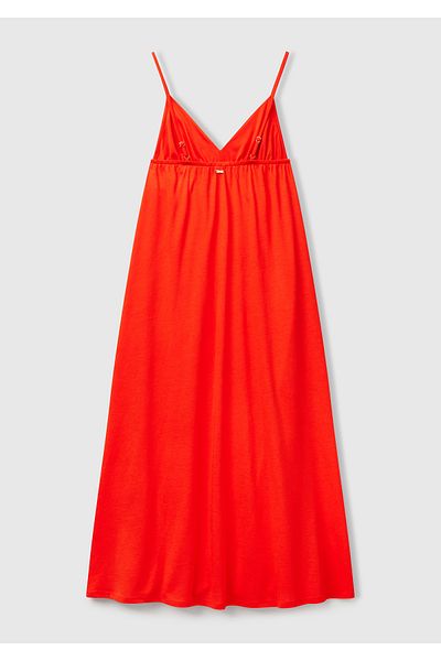 United Colors of Benetton Women's Orange Cotton and Viscose Blended Pleated Strap V-Neck Long Dress