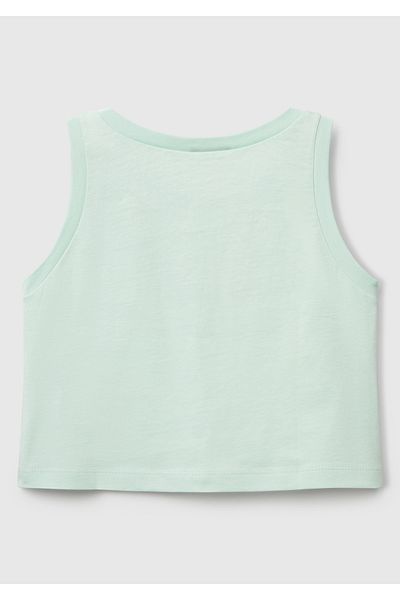United Colors of Benetton Girl's Aqua Green Glittered Benetton Logo Printed Tank Top