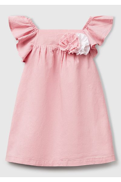 United Colors of Benetton Girl's Pink Linen Blend Flower Applique Strap Ruffle Pleated Dress