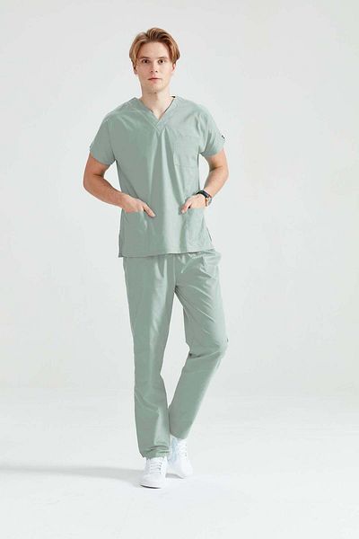 DEMOTEKS Costum medical din elastan verde fistic, pentru bărbați - model clasic flexibil
