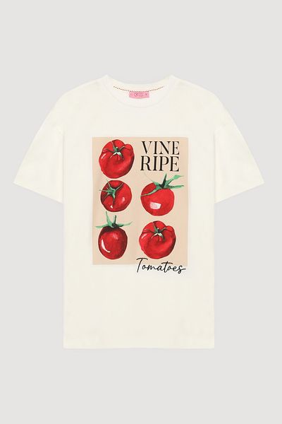 Quzu Tomato Printed Short Sleeve T-Shirt Ecru