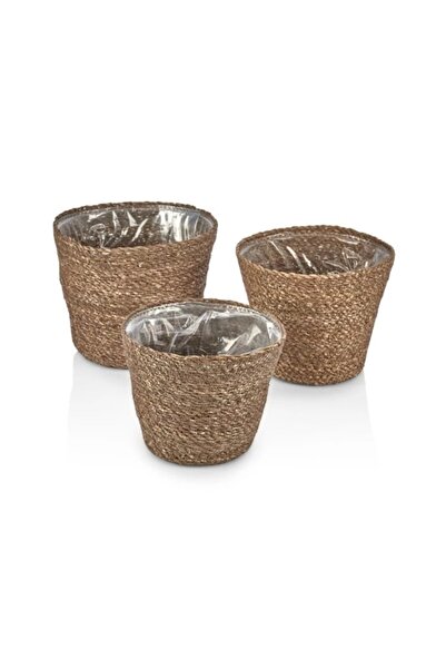 Evistro Dekoratif Yuvarlak İçi Poşetli Hasır Sepet Saksılık 3 lü Set