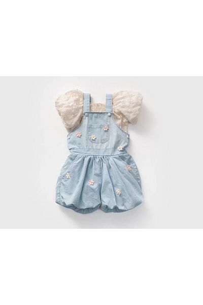 limebabies Noy Noy Blouse with Flower Details and Balloon Sleeves, Salopet Jeans Overalls Decorated with Flowers