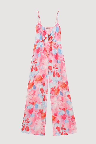 Quzu Lacing Detailed Floral Patterned Strappy Long Jumpsuit Pink