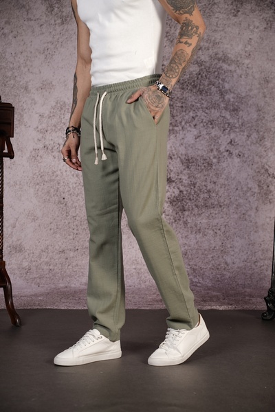 Butik Trend Biz Lycra Linen Fabric Regular Fit Trousers with Elastic Waist and Cord