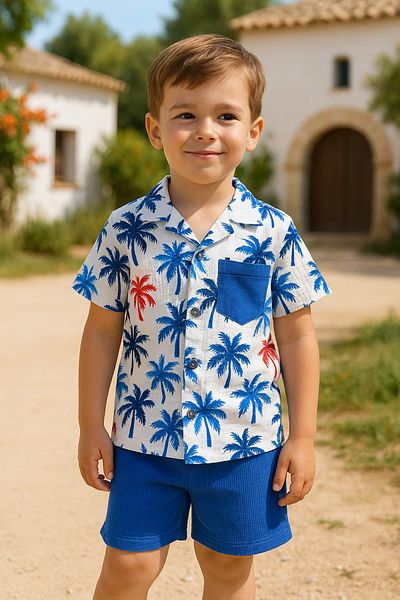 TRENDİMİZBİR Set de cămașă cu buzunare și pantaloni scurți din in pentru băieți cu imprimeu palmier – albastru