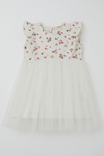 Breeze Kız Bebek Elbise Çiçekli Tüllü Fırfırlı 9 Ay-3 Yaş, Ekru