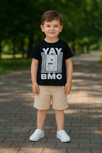 TRENDİMİZBİR Boy's Beige Shorts Black T-Shirt Set – Retro Game Console Themed Summer Set