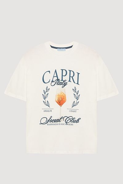 Quzu Text Printed Cup Detailed T-Shirt Ecru