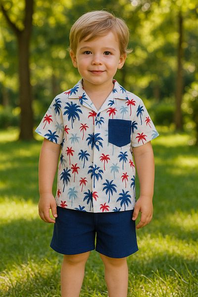 TRENDİMİZBİR Boys' Palm Print Pocket Shirt and Linen Shorts Set – Navy Blue