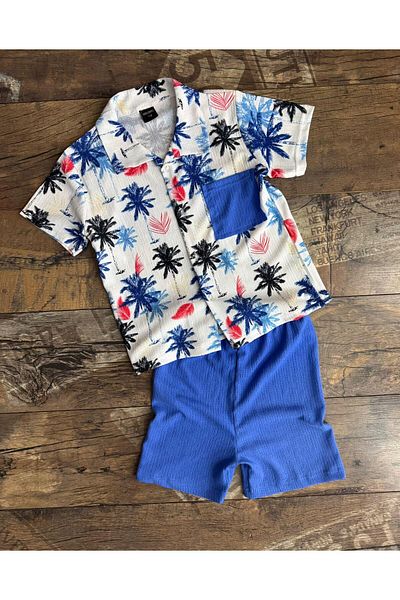 TRENDİMİZBİR Set de cămașă cu buzunare și pantaloni scurți din in pentru băieți cu imprimeu palmier – albastru