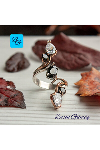 Besen Gümüş Damla Zirkon Oniks Taşlı Mekik Yüzük
