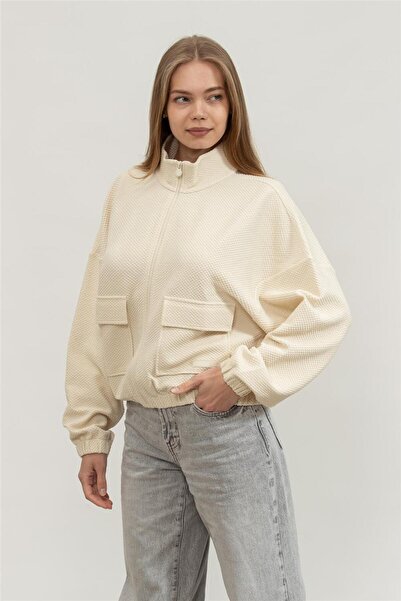 EA7 Kadın Rahat Kesim Cep Detaylı Esnek Pamuk Karışımlı Kumaş Fermuarlı Uzun Kollu Ekru Sweatshirt 7W000