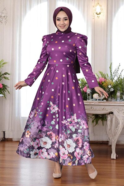 Missvalle Φλοράλ Πουά Σατέν Βραδινό Φόρεμα Δαμασκηνί