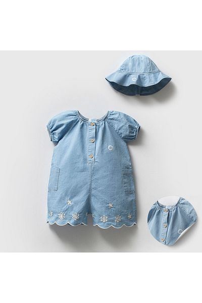 limebabies Noy Noy Baby Girl Floral Detailed Salopet Jeans Overalls Set with Hat