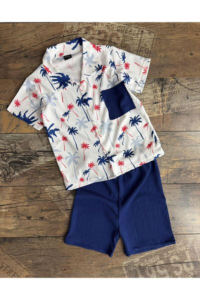 TRENDİMİZBİR Boys' Palm Print Pocket Shirt and Linen Shorts Set – Navy Blue