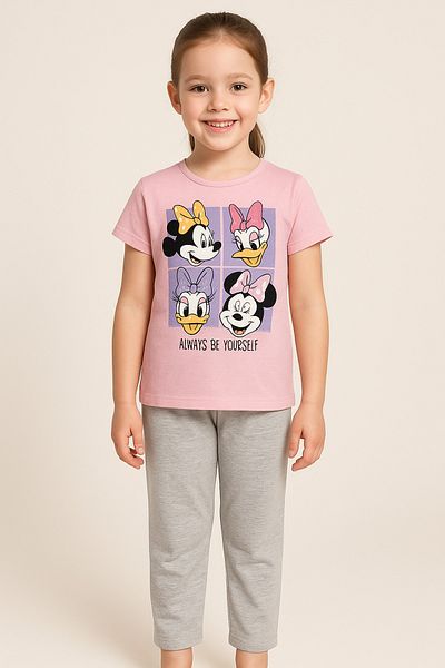 TRENDİMİZBİR Girl's Pink Color Printed T-Shirt and Gray Leggings Bottom Top Set – Summer Set with Your Own Lettering