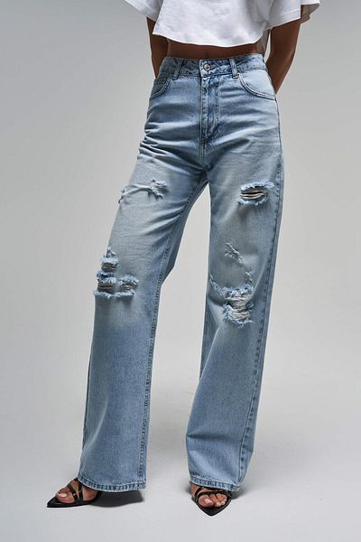its basic Women's Snow Jeans Color 12S5-3 Straight Fit High Waist Inner Length 80 cm Ripped Detailed Denim Jean